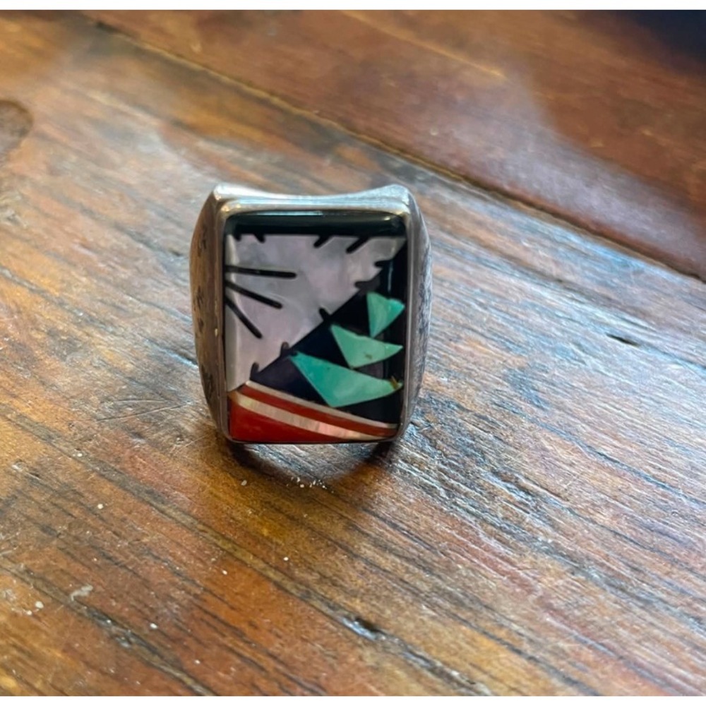 Calvin Begay Navajo Sterling Silver Turquoise Pictorial Inlay Ring Signed Native